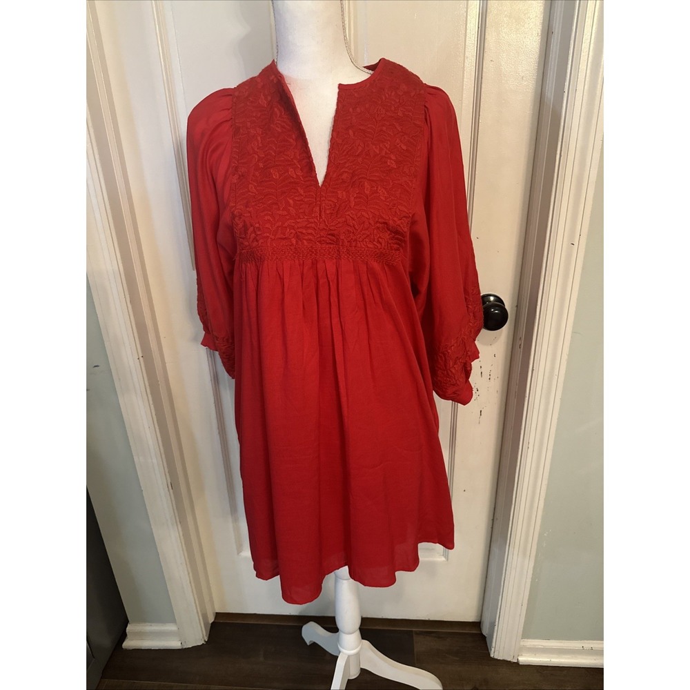 J.Marie Charlotte Puff Sleeve Red Mini Dress‎ Red Embroidery Pockets Size XS